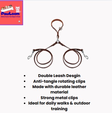 Genuine Leather Double Dog Leash Coupler – Anti-Tangle Dual Lead for Walking Two Dogs