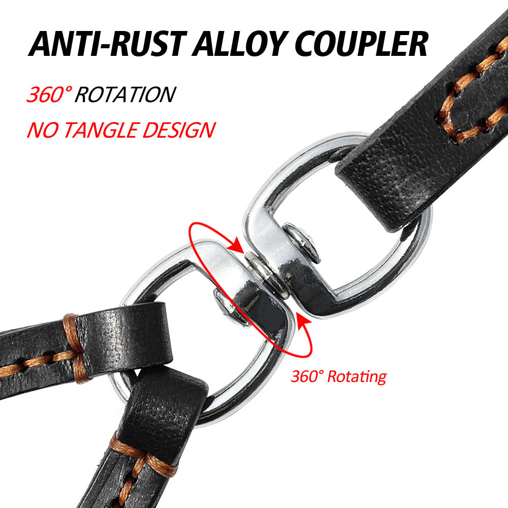 Genuine Leather Double Dog Leash Coupler – Anti-Tangle Dual Lead for Walking Two Dogs