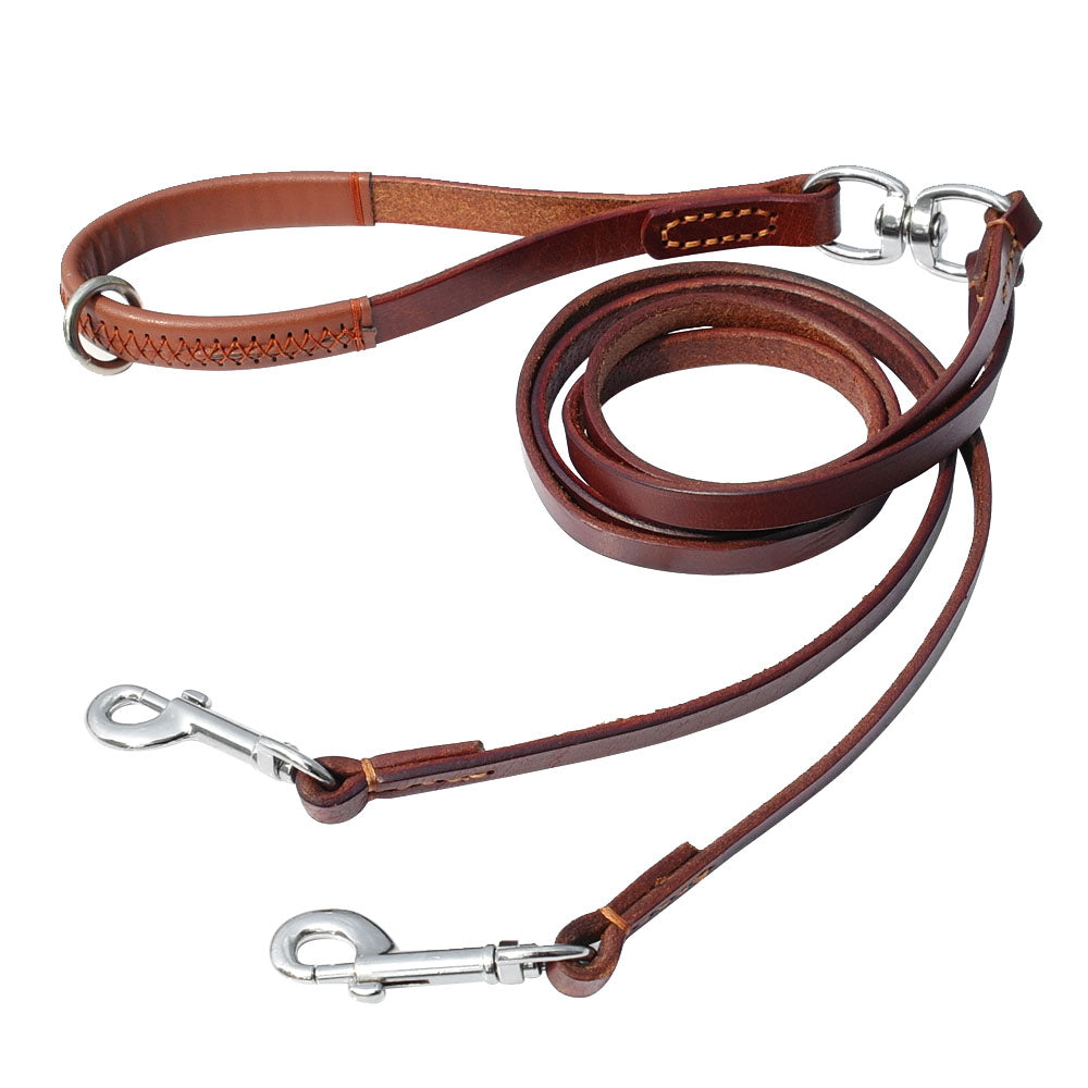 Genuine Leather Double Dog Leash Coupler – Anti-Tangle Dual Lead for Walking Two Dogs