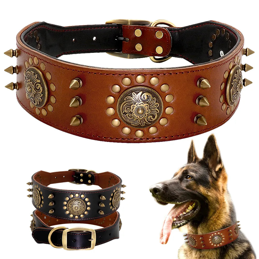 Real Leather Studded Dog Collar – Durable & Adjustable for Large Breeds (Pitbull, Bulldog)