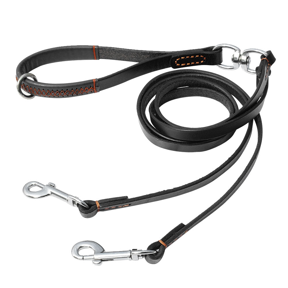 Genuine Leather Double Dog Leash Coupler – Anti-Tangle Dual Lead for Walking Two Dogs