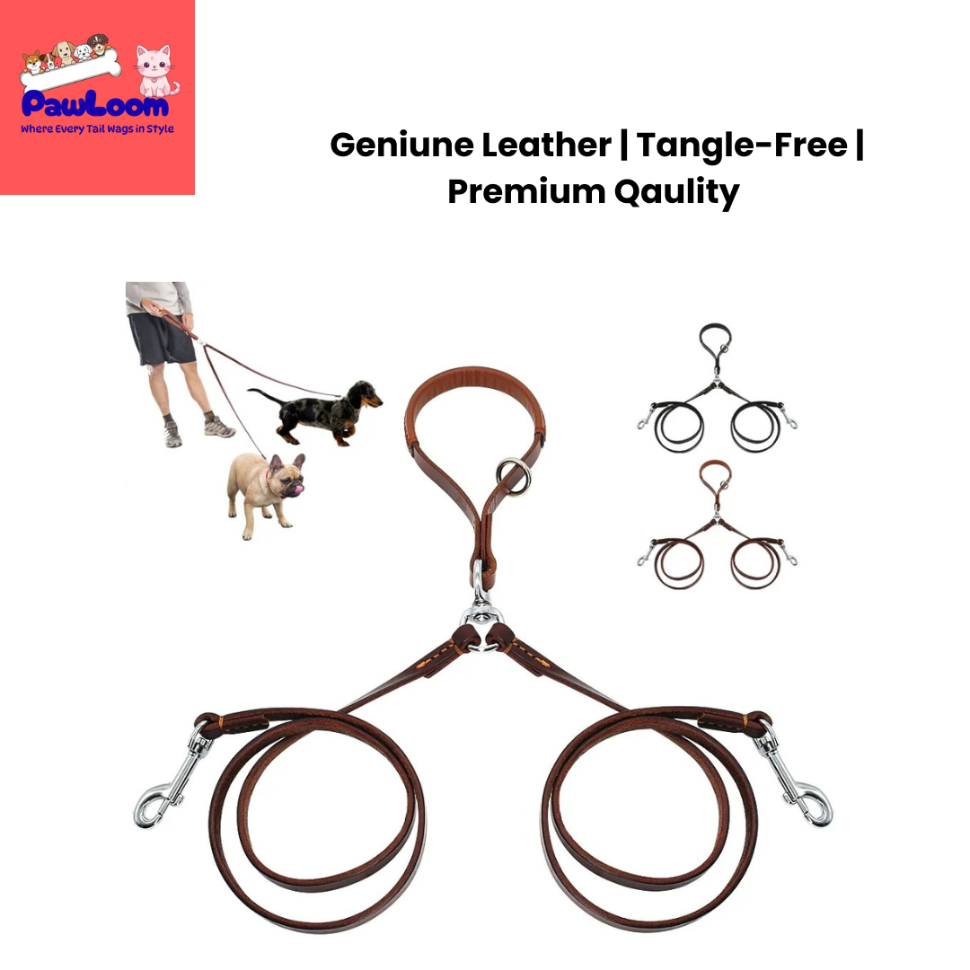 Genuine Leather Double Dog Leash Coupler – Anti-Tangle Dual Lead for Walking Two Dogs