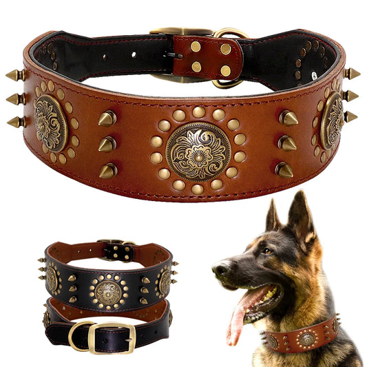 Real Leather Studded Dog Collar – Durable & Adjustable for Large Breeds (Pitbull, Bulldog)